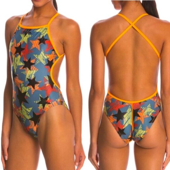 Speedo One Piece Cut Out Criss Cross Back Abstract Print Swimsuit Sz M - Picture 3 of 10